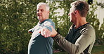 Senior man, exercise and stretching with personal trainer, wellness and fitness routine in backyard. Instructor, talk and warm up with elderly person for health, physical activity or workout at house
