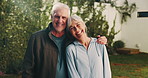 Exercise, face and senior couple outdoor for bonding with fitness, pilates and morning routine. Marriage, happy and portrait of man and woman hug for wellness, health and active hobby in backyard