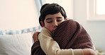 Child, mother and hug in home for care, love and bonding with son for family connection. Parent, boy and embrace for support in bedroom at apartment with safety, security and comfort together