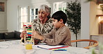 Grandmother, talk and child in home with abacus, math lesson or counting for education. Senior woman, helping and kid at house with notebook, learning support and calculating beads for study session