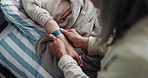Injury, child or hands of grandma with plaster on bed for first aid, healing or wound care for arm. Apply, kid or grandparent with bandage in home for bruise protection, medical support or assistance