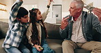 Children, grandfather and hands up with toy for learning in home, bonding together or development. Grandparent, kids or miniature elephant in lounge to answer question, education or animal facts