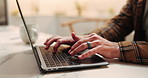 Hands, home and mature man on laptop, internet and typing email for communication and remote work. House, online and person on computer for project update, schedule and research for freelancer career
