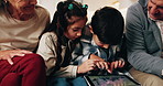Game, grandparents and children in home with tablet, fun connection or bonding with online entertainment. Support, flare and family with tech, playing together or digital puzzle in happy relationship