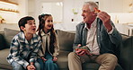 Grandpa, children and playing with animal toys in home for fun weekend or bonding together. Grandfather, grandkids or siblings with smile or dinosaurs for learning, education or development in house