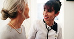 Talking, healthcare and doctor with senior woman for consultation, checkup and medical service. Happy, conversation and person with patient for wellness, health assessment and support at appointment