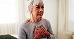 Senior, woman or bed with heart attack in home for cardiac arrest, cramp or chest pain. Elderly, female person or sore ache with virus, disease or chronic stress for pneumonia or illness in house