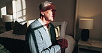 Sad, thinking and old man in retirement home with cane, sunlight and memory loss from Alzheimer disease. Walking stick, unhappy and senior person with disability, dementia and loneliness in bedroom.