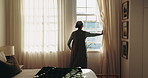 Back, old woman and open curtain in bedroom, start day or check weather for morning routine. Thinking, senior person or window in home for sunlight, garden view and weekend perspective for retirement