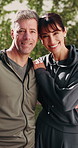 Happy, face or couple outdoor for fitness, bonding together or support in workout activity. Wellness, smile or mature people with confidence, loving connection or active hobby in healthy relationship