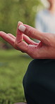 Woman, hands and meditation with class in park for spiritual wellness, healing or stress relief. Female person, yoga or mindfulness with lotus pose, session or lesson for zen or inner peace in nature