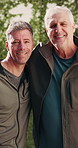 Elderly, face and fitness with happy men in nature for health, exercise or wellness together. Portrait, senior or active male people with smile for retirement, friendship or outdoor bonding in park