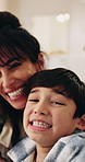 Face, child and selfie in home with mother, photography or social media post for bonding. Pov, mature woman and smile in living room for portrait, profile picture update and capture moment with kids