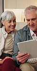Discussion, tablet or old couple in home, smile or review for booking holiday with online guide. Tech, man and woman talking at house for vacation planning, travel itinerary or happy in retirement