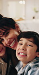 Face, child and selfie at house with family, photography and social media post for bonding together. Pov, mother and embrace in home with portrait, profile picture update and capture moment for kids