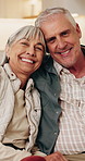 Love, face and senior couple in house with hug, marriage commitment or healthy relationship. Pensioner portrait, happy people and embrace in home for bonding together, retirement support and loyalty