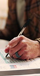 Person, hands and writing with documents for finance review, investment contract or application. Closeup, accounting or signing with paperwork, graph or chart for financial agreement or plan in home