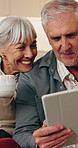 Tea, tablet or old couple in home, smile or discussion for booking holiday with online guide. Tech, man and woman with drink at house for vacation planning, travel itinerary or happy in retirement