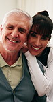 Face, caregiver and senior man with happiness, health support and trust with assisted living. People, retirement and portrait of carer with smile, homecare and medical service with  wellness in house