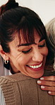 Support, caregiver and old person in house with hug, understanding or comfort in elderly care. Compassion, senior woman or volunteer in home with embrace, trust and happy connection in retirement.