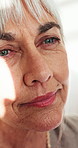 Thinking, sunlight or old woman in home with insight, daydream or nostalgia in calm mindset. Reflection, closeup and elderly person with inspiration, flashback or peaceful perspective in retirement.