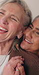 Lesbian, thinking or couple in house with holding hands, nostalgia or happy reflection on weekend. Flashback, laugh or mature women with humor, LGBTQ connection or comic mindset in relationship.