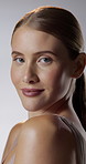 Beauty, face and smile with woman in studio for cosmetics, dermatology or hydration results. Aesthetic, shoulder touch and skincare with happy person on white background for grooming or wellness