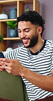 Phone, relax and man on sofa in home with texting, social media or chatting on mobile app. Notification, happy and person with cellphone for networking, contact or email in living room at house.