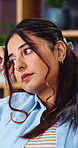 Stress, thinking and business woman in office with advertising mistake, campaign fail or loss. Media planner, reflection and sad person in creative workplace with marketing difficulty or challenge