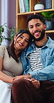 Happy, love and face of couple in home with connection, bonding or care in marriage on weekend. Smile, portrait and woman embracing man in living room for commitment, loyalty and trust in apartment.