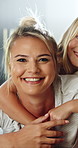 Happy mom, face and hug with child in home, bonding and relax with daughter on weekend and childcare. Family house, portrait and woman with smile for girl, support and affection for kid or connection