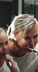Hygiene, mom or girl in home with toothbrush, child growth or bonding together in dental care. Oral health, happy or kid with sunlight, parent teaching or youth dentistry in childhood development.