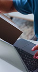 Box, hands and laptop with man in home office for delivery, distribution or supply chain agenda. Computer, remote work and shipment management with person at desk in apartment for ecommerce business
