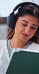 Music, entrepreneur and woman with tablet, headphones and excited for sales on online shop in home. Small business, dance and person with tech for logistics, distribution and info for digital store
