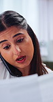 Phone call, document and woman with laptop in house with remote work for client feedback. Communication, paperwork and female event planner with freelance job on mobile discussion for vendor booking
