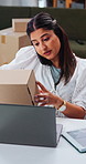 Boxes, phone call and woman in house with laptop, dropshipping or small business for ecommerce. Contact, website and person with tech for supplier delivery, communication for online sales networking