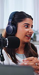 Podcast, mic or influencer in home with headphones, content creation or personal story for live stream. Broadcast, woman or freelancer in house with tech, announcement or sharing ideas on radio show.