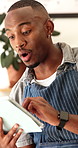 Hospitality, barista or surprise with tablet in cafe for positive review, sales target or digital tip. Small business, tech and happy black man for restaurant rating, wow or service compliment on app