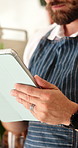 Hands, barista and planning with tablet in cafe for ticket management, online order or inventory. Happy man, small business or waiter typing on restaurant app for POS system, menu update or schedule