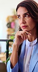 Thinking, laptop and businesswoman in cafe with ideas, planning or decision on finance report. Choice, computer and mature financial manager with freelance project for investment in coffee shop.
