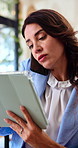 Phone call, tablet and businesswoman in office for communication on finance negotiation. Technology, cellphone and financial manager on mobile discussion for investment feedback or review at agency.