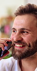 Phone call, happy and businessman in office for communication on finance negotiation. Talking, cellphone and financial manager on mobile discussion for investment feedback, news or review at agency