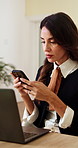 Woman, phone and laptop in office for agenda, typing or problem solving for venue booking. Event planner, reservation and mature person with tech for vendor management, schedule or communication