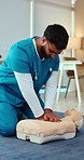 CPR, man and nurse training with dummy for healthcare, first aid practice or emergency rescue. Student, life saving and person with mannequin for learning, medical simulation and nursing school