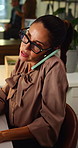 Phone call, communication and businesswoman in office at night with review for finance negotiation. Glasses, deadline and mature financial manager on mobile discussion for investment feedback.