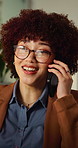 Phone call, smile and businesswoman in office at night with communication for finance negotiation. Cellphone, deadline and financial manager on mobile discussion for investment feedback in workplace.