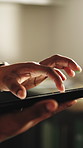 Hands, scroll and renovation in house with tablet, ecommerce website and planning for diy makeover. Person, browsing and home improvement with tech, remodeling project and online shopping for paint.