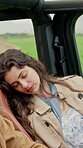 Road trip, sleep and woman in nature with car, passenger rest and relaxing journey on outdoor vacation. Fatigue, vehicle or person with eyes closed, weekend break or holiday nap on auto adventure.