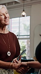 Woman, hairdresser or tablet with handshake for introduction, hiring or greeting in salon. Female people, stylist or shaking hands with applicant for agreement, recruiting or onboarding interview