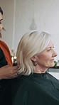 Salon, hairdresser and cape for client, haircut and preparing for hair removal and grooming routine. Small business, entrepreneur and cover for woman, haircare and getting ready for trim with stylist